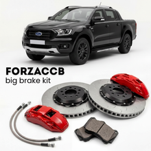 Black Ford Ranger IV Double Cab (2022+) shown above a ForzaCCB iron rotor big brake kit with 2x red 6-piston front calipers, 2x two-piece floating ventilated brake discs 380 mm, set of brake pads, and brake lines.