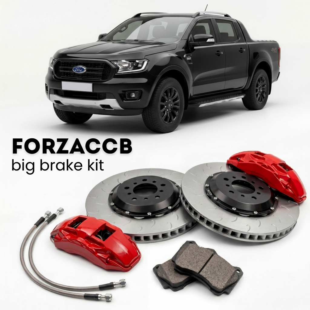 Black Ford Ranger IV Double Cab (2022+) shown above a ForzaCCB iron rotor big brake kit with 2x red 6-piston front calipers, 2x two-piece floating ventilated brake discs 380 mm, set of brake pads, and brake lines.