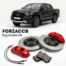 Black Ford Ranger IV Extra Cab (2023+) shown above a ForzaCCB iron rotor big brake kit with 2x red 6-piston front calipers, 2x two-piece floating ventilated brake discs 380 mm, set of brake pads, and brake lines.