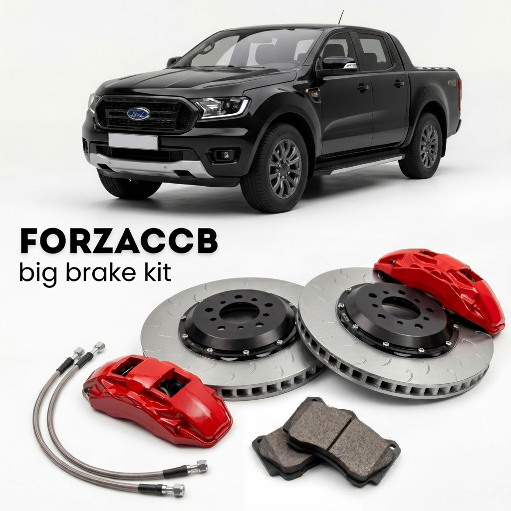 Black Ford Ranger IV Extra Cab (2023+) shown above a ForzaCCB iron rotor big brake kit with 2x red 6-piston front calipers, 2x two-piece floating ventilated brake discs 380 mm, set of brake pads, and brake lines.