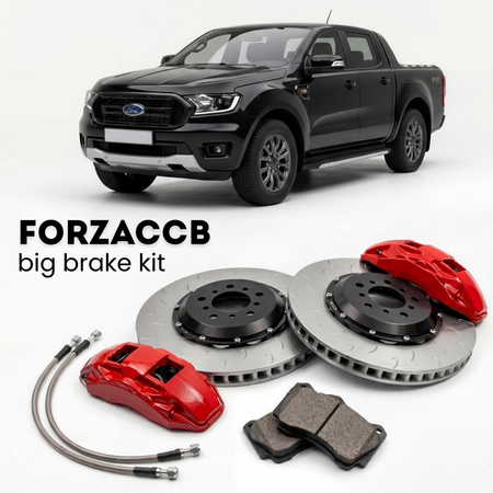 Black Ford Ranger IV Extra Cab (2023+) shown above a ForzaCCB iron rotor big brake kit with 2x red 6-piston front calipers, 2x two-piece floating ventilated brake discs 380 mm, set of brake pads, and brake lines.