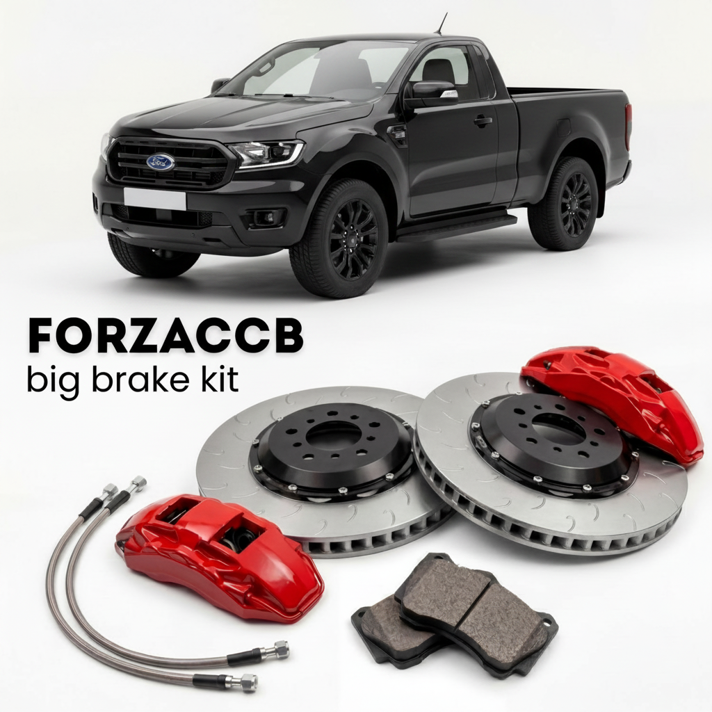 Black Ford Ranger IV Single Cab (2023+) shown above a ForzaCCB iron rotor big brake kit with 2x red 6-piston front calipers, 2x two-piece floating ventilated brake discs 380 mm, set of brake pads, and brake lines.