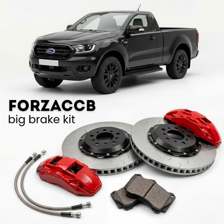 Black Ford Ranger IV Single Cab (2023+) shown above a ForzaCCB iron rotor big brake kit with 2x red 6-piston front calipers, 2x two-piece floating ventilated brake discs 380 mm, set of brake pads, and brake lines.