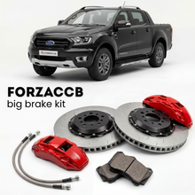 Black Ford Ranger Americas) (2019-2023 (IV SuperCab) shown above a ForzaCCB iron rotor big brake kit with 2x red 6-piston front calipers, 2x two-piece floating ventilated brake discs 380 mm, set of brake pads, and brake lines.
