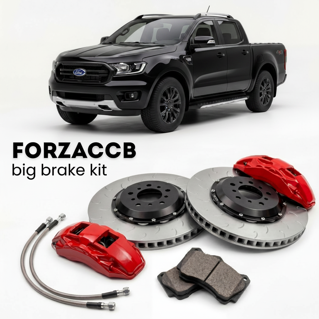 Black Ford Ranger Americas) (2019-2023 (IV SuperCrew) shown above a ForzaCCB iron rotor big brake kit with 2x red 6-piston front calipers, 2x two-piece floating ventilated brake discs 380 mm, set of brake pads, and brake lines.