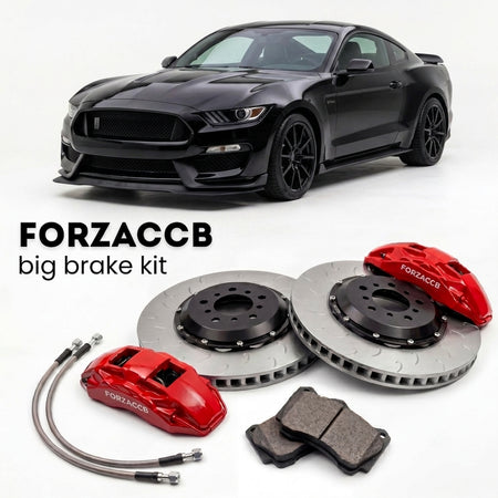 Black Ford Shelby GT350 (2015-2020) shown above a ForzaCCB iron rotor big brake kit with 2x red 6-piston front calipers, 2x two-piece floating ventilated brake discs 380 mm, set of brake pads, and brake lines.