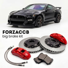 Black Ford Shelby GT500 (2020-2022) shown above a ForzaCCB iron rotor big brake kit with 2x red 6-piston front calipers, 2x two-piece floating ventilated brake discs 380 mm, set of brake pads, and brake lines.