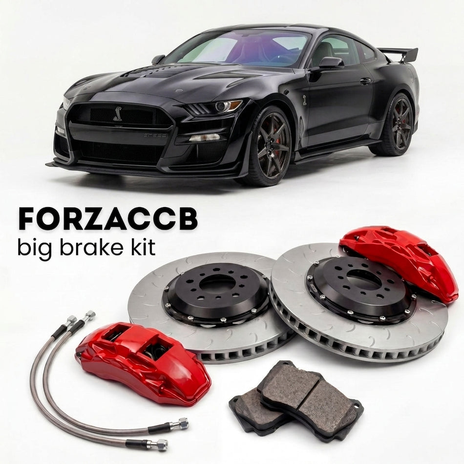 Black Ford Shelby GT500 (2020-2022) shown above a ForzaCCB iron rotor big brake kit with 2x red 6-piston front calipers, 2x two-piece floating ventilated brake discs 380 mm, set of brake pads, and brake lines.