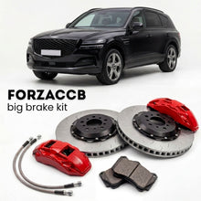 Black Genesis GV80 (2021-2026) shown above a ForzaCCB iron rotor big brake kit with 2x red 6-piston front calipers, 2x two-piece floating ventilated brake discs 380 mm, set of brake pads, and brake lines.