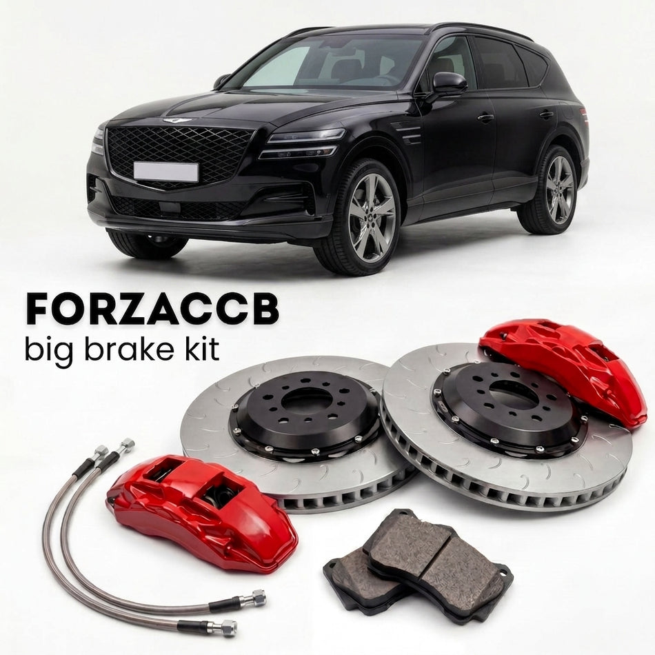 Black Genesis GV80 (2021-2026) shown above a ForzaCCB iron rotor big brake kit with 2x red 6-piston front calipers, 2x two-piece floating ventilated brake discs 380 mm, set of brake pads, and brake lines.