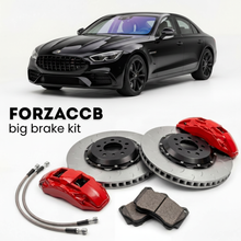 Black Ginetta G56 GT4 (2021-2026) shown above a ForzaCCB iron rotor big brake kit with 2x red 6-piston front calipers, 2x two-piece floating ventilated brake discs 380 mm, set of brake pads, and brake lines.