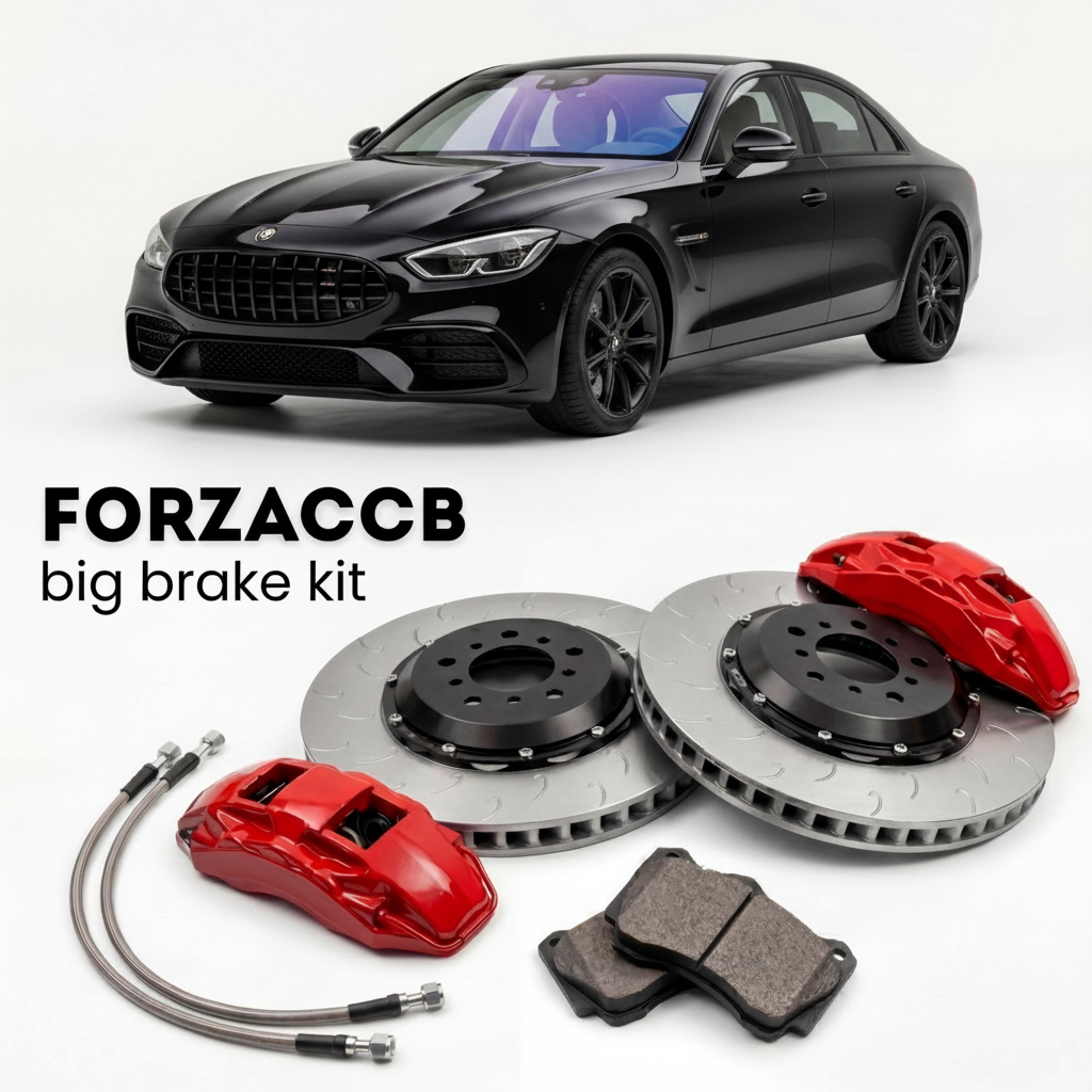 Black Ginetta G56 GT4 (2021-2026) shown above a ForzaCCB iron rotor big brake kit with 2x red 6-piston front calipers, 2x two-piece floating ventilated brake discs 380 mm, set of brake pads, and brake lines.