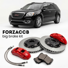 Black GMC Acadia I (2007-2013) shown above a ForzaCCB iron rotor big brake kit with 2x red 6-piston front calipers, 2x two-piece floating ventilated brake discs 380 mm, set of brake pads, and brake lines.