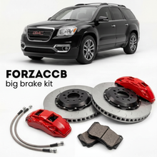 Black GMC Acadia facelift 2013) (2013-2016 (I) shown above a ForzaCCB iron rotor big brake kit with 2x red 6-piston front calipers, 2x two-piece floating ventilated brake discs 380 mm, set of brake pads, and brake lines.