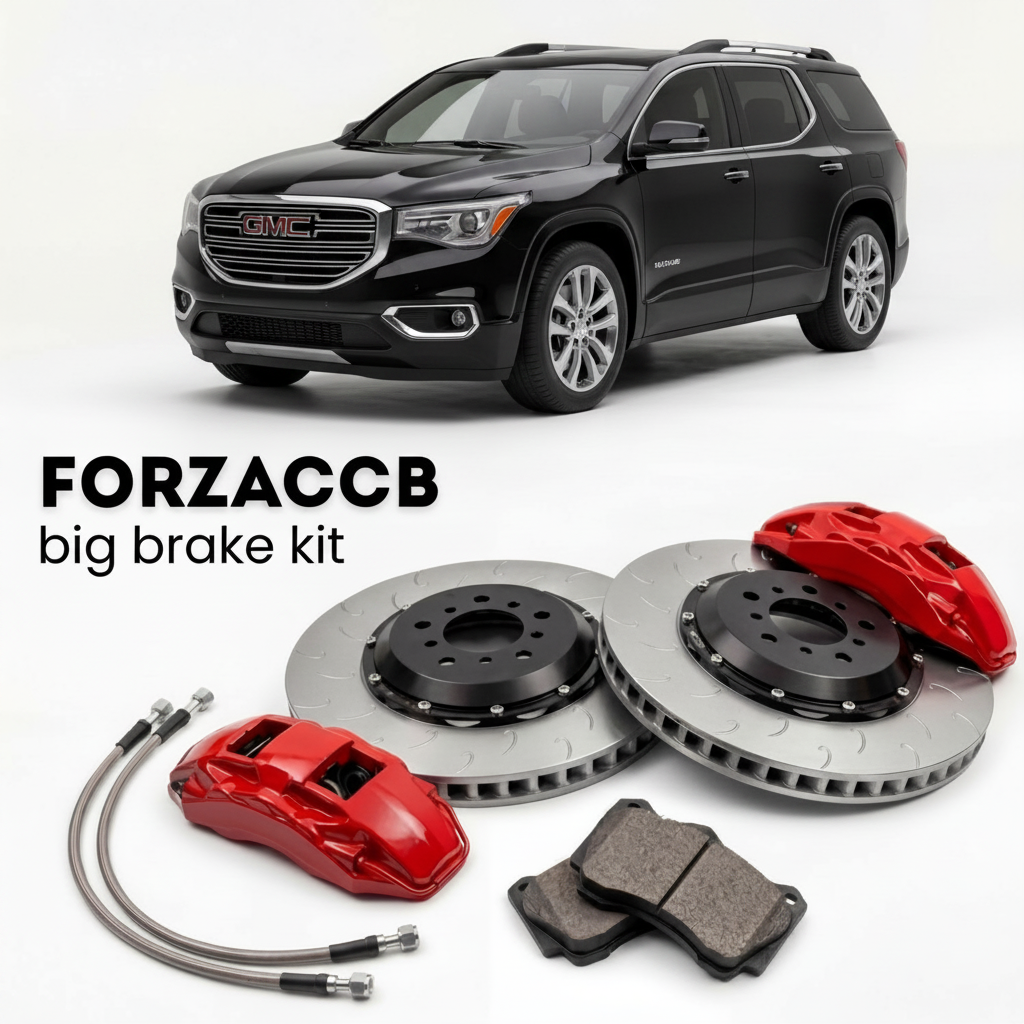 Black GMC Acadia II (2016-2019) shown above a ForzaCCB iron rotor big brake kit with 2x red 6-piston front calipers, 2x two-piece floating ventilated brake discs 380 mm, set of brake pads, and brake lines.