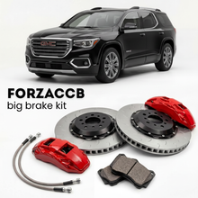 Black GMC Acadia III (2024+) shown above a ForzaCCB iron rotor big brake kit with 2x red 6-piston front calipers, 2x two-piece floating ventilated brake discs 380 mm, set of brake pads, and brake lines.
