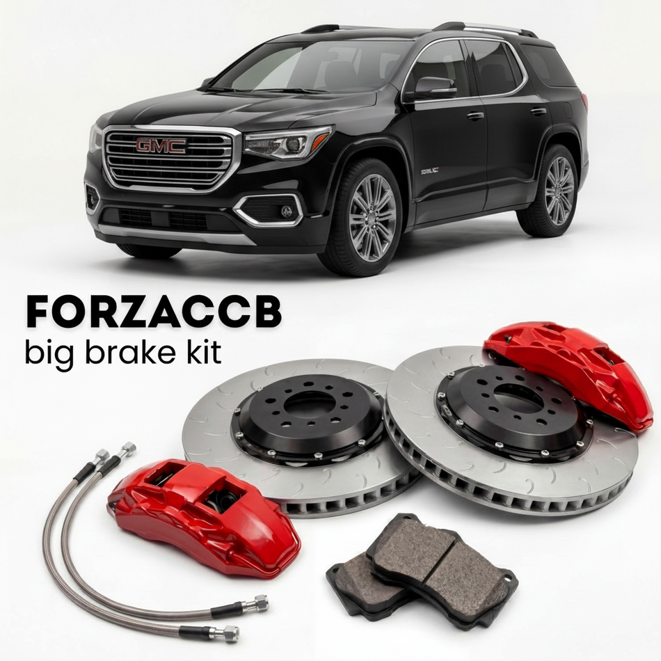 Black GMC Acadia III (2024+) shown above a ForzaCCB iron rotor big brake kit with 2x red 6-piston front calipers, 2x two-piece floating ventilated brake discs 380 mm, set of brake pads, and brake lines.