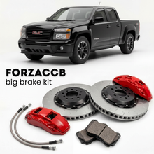 Black GMC Canyon I Crew cab (2005-2012) shown above a ForzaCCB iron rotor big brake kit with 2x red 6-piston front calipers, 2x two-piece floating ventilated brake discs 380 mm, set of brake pads, and brake lines.