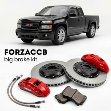 Black GMC Canyon I Regular cab (2005-2012) shown above a ForzaCCB iron rotor big brake kit with 2x red 6-piston front calipers, 2x two-piece floating ventilated brake discs 380 mm, set of brake pads, and brake lines.