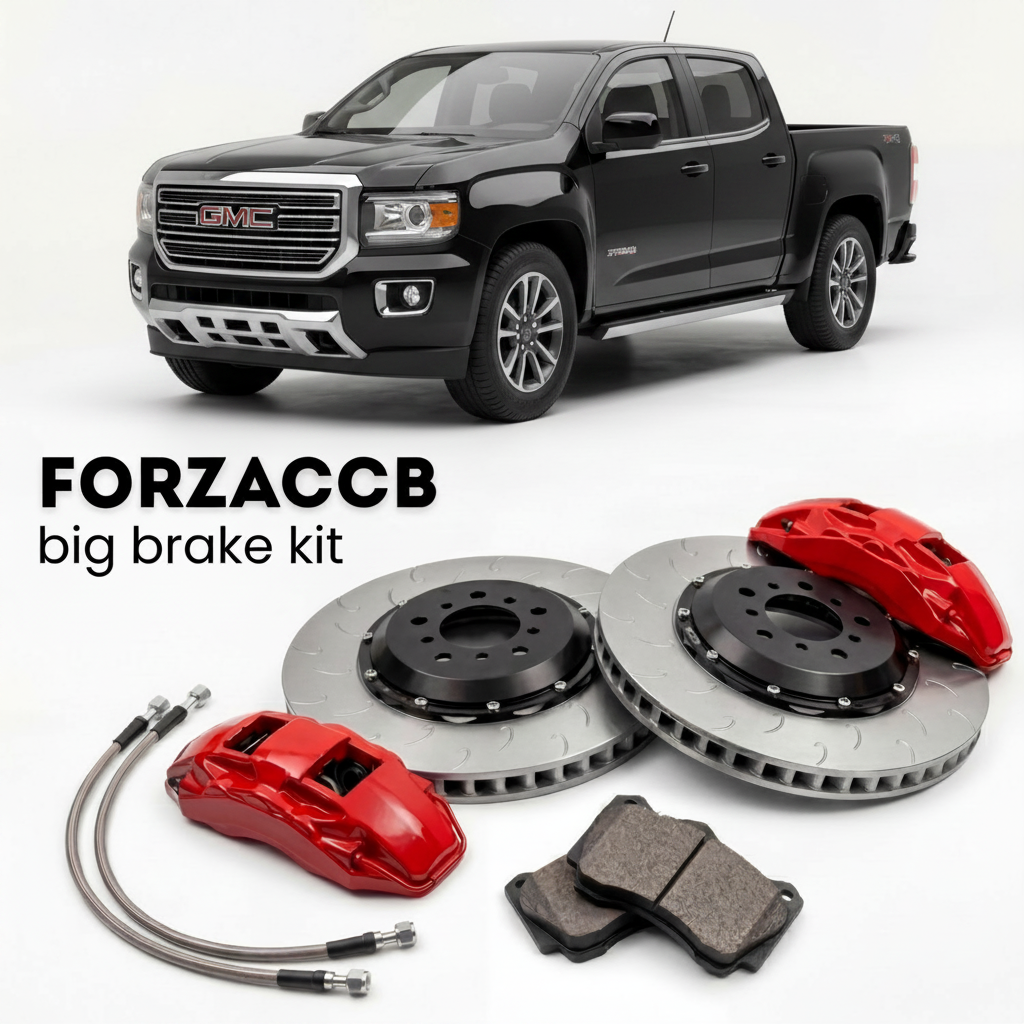 Black GMC Canyon II Crew cab (2015-2020) shown above a ForzaCCB iron rotor big brake kit with 2x red 6-piston front calipers, 2x two-piece floating ventilated brake discs 380 mm, set of brake pads, and brake lines.