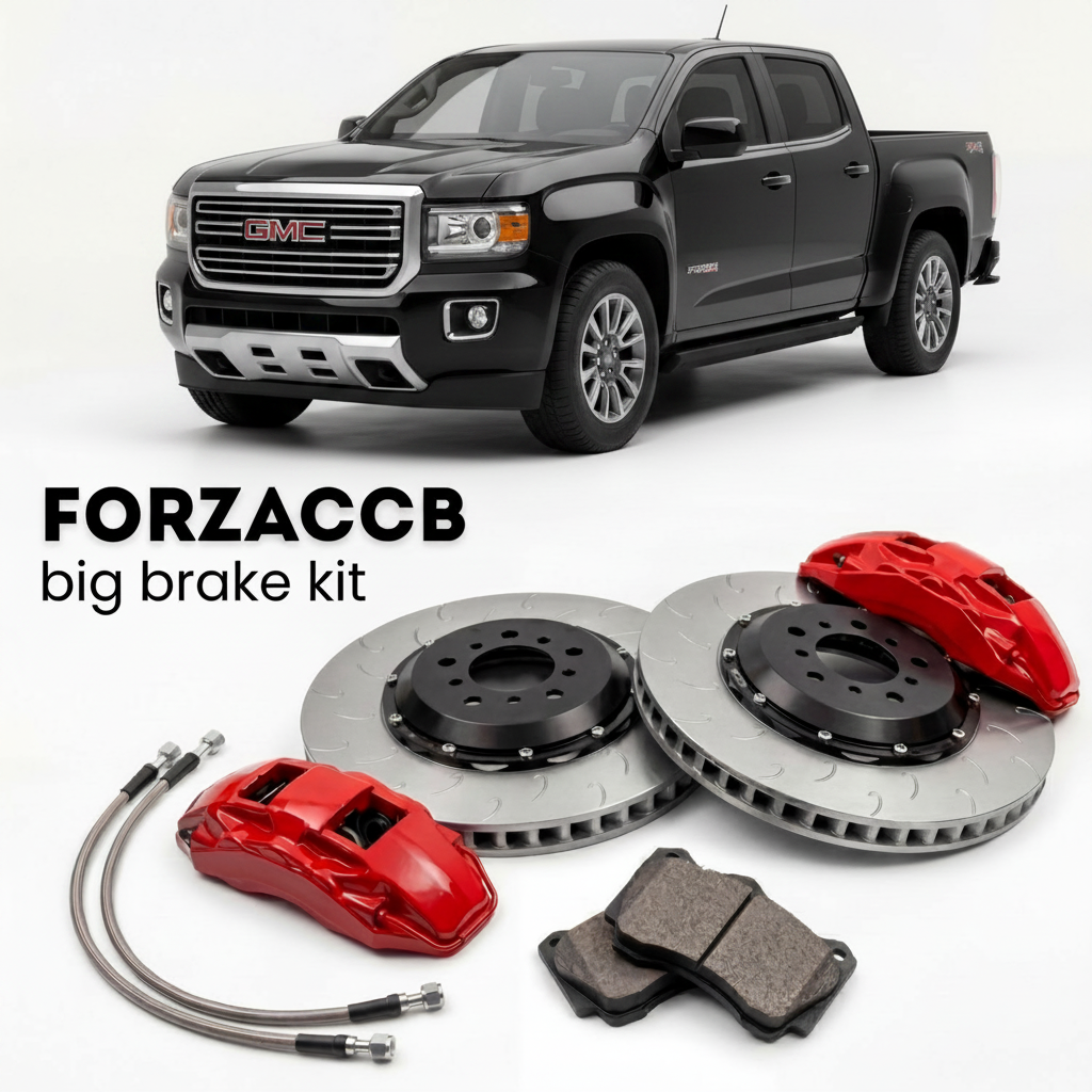 Black GMC Canyon II Crew cab Long box (2015-2020) shown above a ForzaCCB iron rotor big brake kit with 2x red 6-piston front calipers, 2x two-piece floating ventilated brake discs 380 mm, set of brake pads, and brake lines.