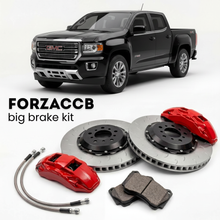 Black GMC Canyon facelift 2021) Extended cab (2021-2022 (II) shown above a ForzaCCB iron rotor big brake kit with 2x red 6-piston front calipers, 2x two-piece floating ventilated brake discs 380 mm, set of brake pads, and brake lines.