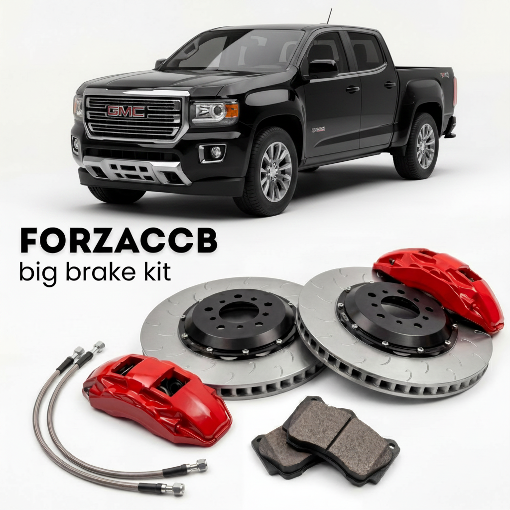 Black GMC Canyon facelift 2021) Extended cab (2021-2022 (II) shown above a ForzaCCB iron rotor big brake kit with 2x red 6-piston front calipers, 2x two-piece floating ventilated brake discs 380 mm, set of brake pads, and brake lines.