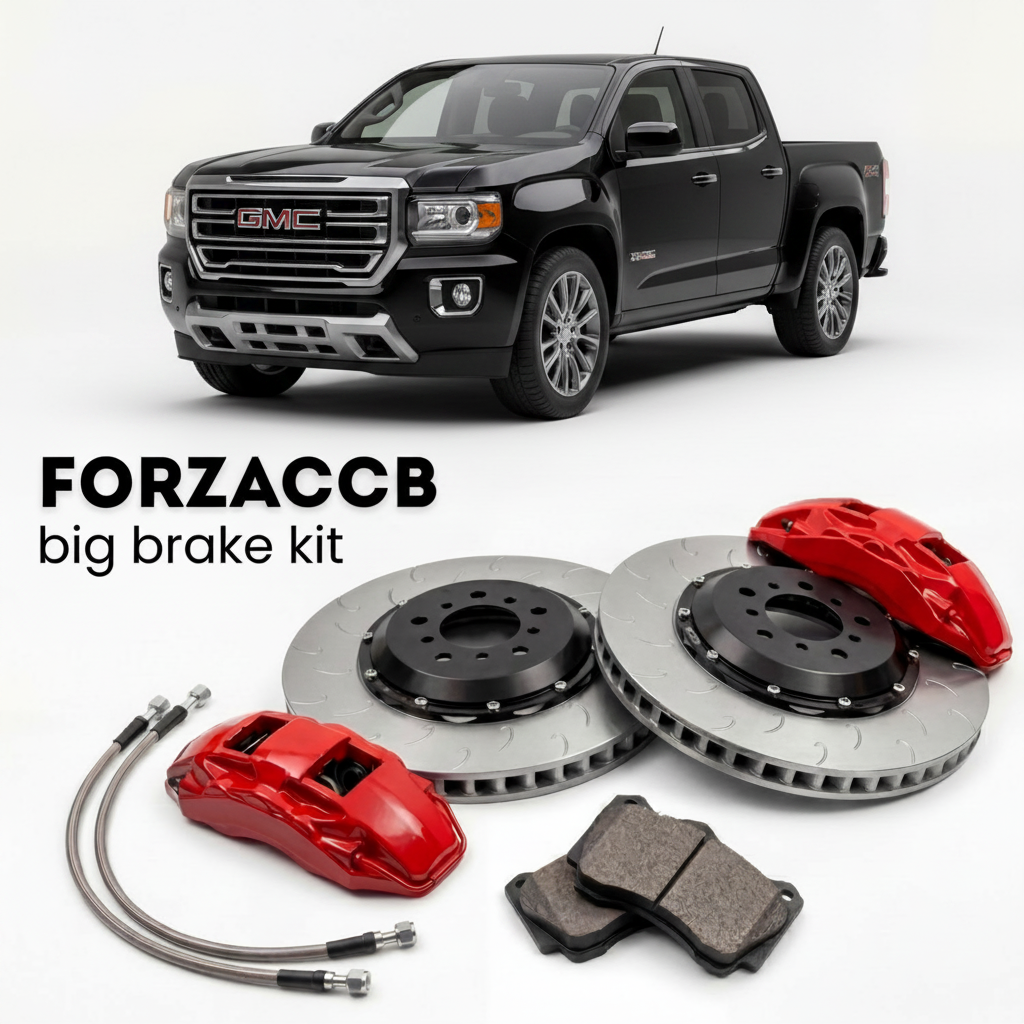 Black GMC Canyon III Crew Cab (2023+) shown above a ForzaCCB iron rotor big brake kit with 2x red 6-piston front calipers, 2x two-piece floating ventilated brake discs 380 mm, set of brake pads, and brake lines.