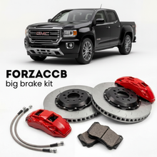 Black GMC Canyon III Crew Cab (2023+) shown above a ForzaCCB iron rotor big brake kit with 2x red 6-piston front calipers, 2x two-piece floating ventilated brake discs 380 mm, set of brake pads, and brake lines.