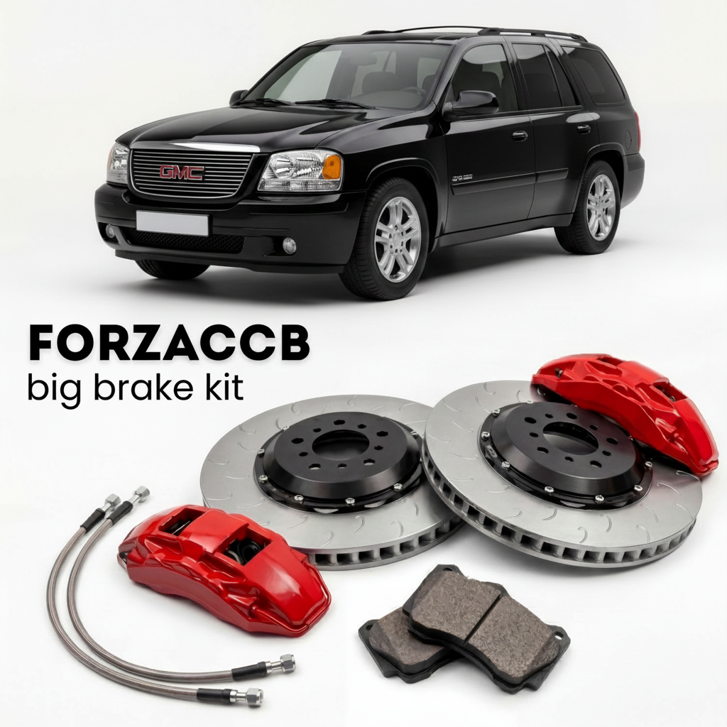 Black GMC Envoy GMT360) (2005-2009 (II) shown above a ForzaCCB iron rotor big brake kit with 2x red 6-piston front calipers, 2x two-piece floating ventilated brake discs 380 mm, set of brake pads, and brake lines.