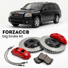 Black GMC Envoy GMT370) (2005-2006 (II XL) shown above a ForzaCCB iron rotor big brake kit with 2x red 6-piston front calipers, 2x two-piece floating ventilated brake discs 380 mm, set of brake pads, and brake lines.