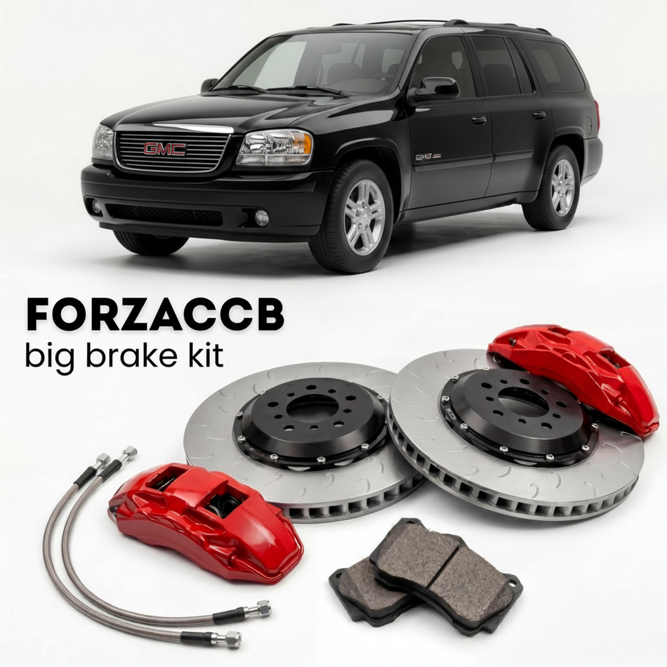 Black GMC Envoy GMT370) (2005-2006 (II XL) shown above a ForzaCCB iron rotor big brake kit with 2x red 6-piston front calipers, 2x two-piece floating ventilated brake discs 380 mm, set of brake pads, and brake lines.