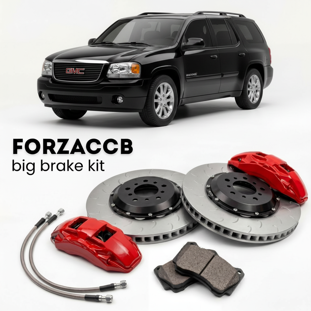 Black GMC Envoy GMT305) (2005-2005 (II XUV) shown above a ForzaCCB iron rotor big brake kit with 2x red 6-piston front calipers, 2x two-piece floating ventilated brake discs 380 mm, set of brake pads, and brake lines.