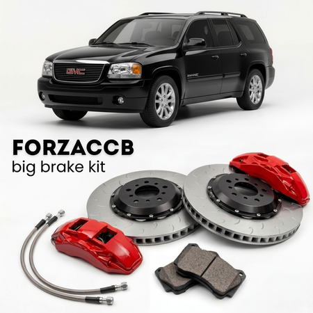 Black GMC Envoy GMT305) (2005-2005 (II XUV) shown above a ForzaCCB iron rotor big brake kit with 2x red 6-piston front calipers, 2x two-piece floating ventilated brake discs 380 mm, set of brake pads, and brake lines.