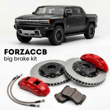 Black GMC Hummer EV Pickup (2021+) shown above a ForzaCCB iron rotor big brake kit with 2x red 6-piston front calipers, 2x two-piece floating ventilated brake discs 380 mm, set of brake pads, and brake lines.