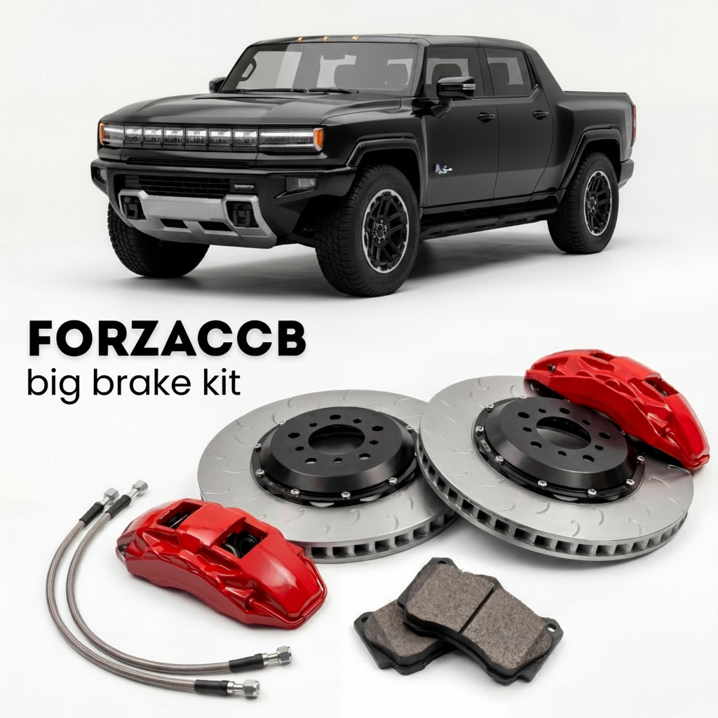 Black GMC Hummer EV Pickup (2021+) shown above a ForzaCCB iron rotor big brake kit with 2x red 6-piston front calipers, 2x two-piece floating ventilated brake discs 380 mm, set of brake pads, and brake lines.