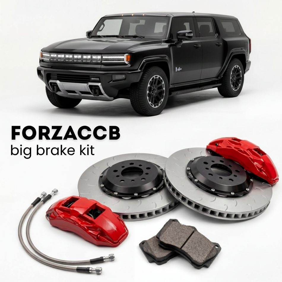 Black GMC Hummer EV SUV (2023+) shown above a ForzaCCB iron rotor big brake kit with 2x red 6-piston front calipers, 2x two-piece floating ventilated brake discs 380 mm, set of brake pads, and brake lines.