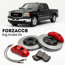 Black GMC Sierra 1500 GMT800) (2005-2007 (II) shown above a ForzaCCB iron rotor big brake kit with 2x red 6-piston front calipers, 2x two-piece floating ventilated brake discs 380 mm, set of brake pads, and brake lines.