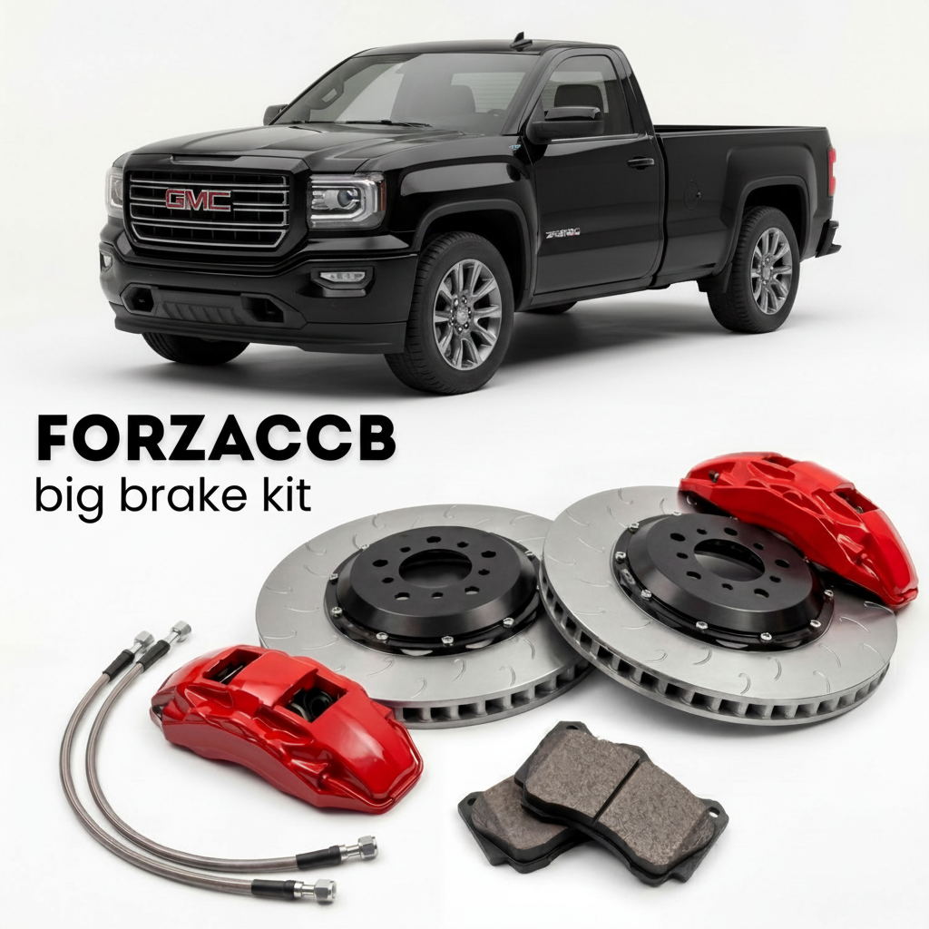 Black GMC Sierra 1500 GMTK2XX, facelift 2016) Regular Cab Standard Box (2016-2018 (IV) shown above a ForzaCCB iron rotor big brake kit with 2x red 6-piston front calipers, 2x two-piece floating ventilated brake discs 380 mm, set of brake pads, and brake lines.
