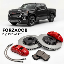 Black GMC Sierra 1500 GMTT1XX) Regular Cab Standard Box (2018-2021 (V) shown above a ForzaCCB iron rotor big brake kit with 2x red 6-piston front calipers, 2x two-piece floating ventilated brake discs 380 mm, set of brake pads, and brake lines.