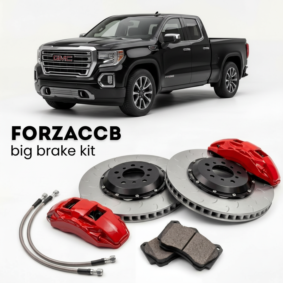 Black GMC Sierra 1500 GMTT1XX) Regular Cab Standard Box (2018-2021 (V) shown above a ForzaCCB iron rotor big brake kit with 2x red 6-piston front calipers, 2x two-piece floating ventilated brake discs 380 mm, set of brake pads, and brake lines.