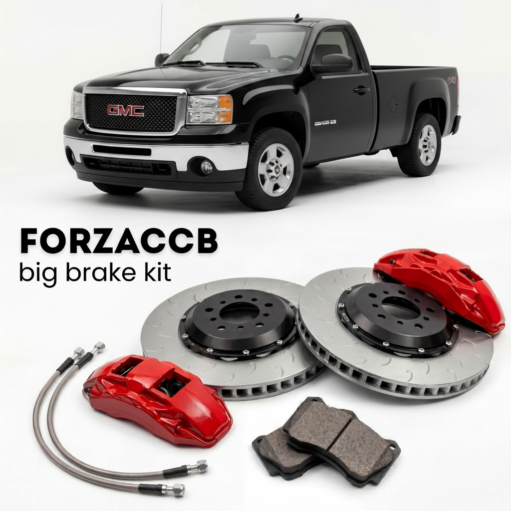 Black GMC Sierra 2500HD GMT900) Regular Cab Long Box (2007-2010 (III) shown above a ForzaCCB iron rotor big brake kit with 2x red 6-piston front calipers, 2x two-piece floating ventilated brake discs 380 mm, set of brake pads, and brake lines.