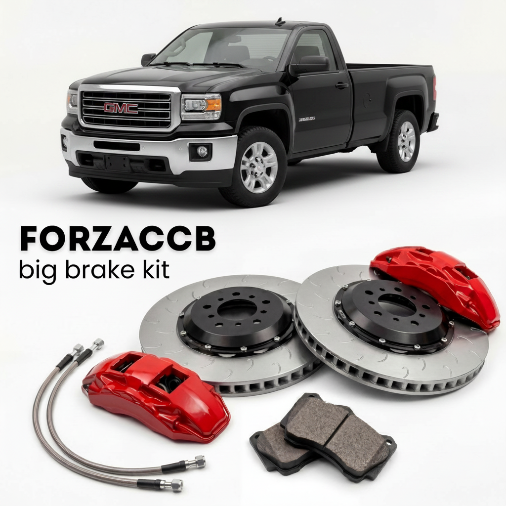 Black GMC Sierra 2500HD GMT900, facelift 2011) Regular Cab Long Box (2011-2014 (III) shown above a ForzaCCB iron rotor big brake kit with 2x red 6-piston front calipers, 2x two-piece floating ventilated brake discs 380 mm, set of brake pads, and brake lines.