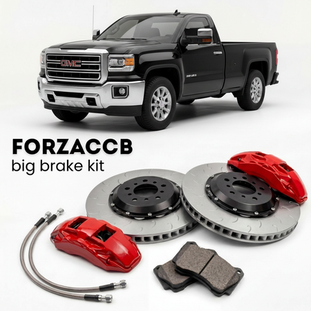 Black GMC Sierra 2500HD GMTK2XX) Regular Cab Long Box (2015-2019 (IV) shown above a ForzaCCB iron rotor big brake kit with 2x red 6-piston front calipers, 2x two-piece floating ventilated brake discs 380 mm, set of brake pads, and brake lines.