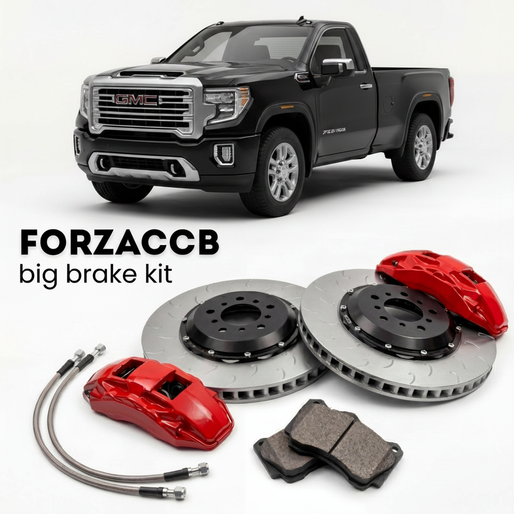 Black GMC Sierra 2500HD GMTT1XX) Regular Cab Long Bed (2020-2023 (V) shown above a ForzaCCB iron rotor big brake kit with 2x red 6-piston front calipers, 2x two-piece floating ventilated brake discs 380 mm, set of brake pads, and brake lines.