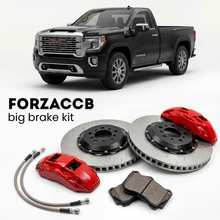 Black GMC Sierra 2500HD GMTT1XX, facelift 2024) Regular Cab Long Bed (2023+ (V) shown above a ForzaCCB iron rotor big brake kit with 2x red 6-piston front calipers, 2x two-piece floating ventilated brake discs 380 mm, set of brake pads, and brake lines.