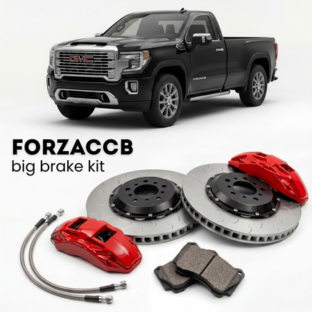 Black GMC Sierra 2500HD GMTT1XX, facelift 2024) Regular Cab Long Bed (2023+ (V) shown above a ForzaCCB iron rotor big brake kit with 2x red 6-piston front calipers, 2x two-piece floating ventilated brake discs 380 mm, set of brake pads, and brake lines.