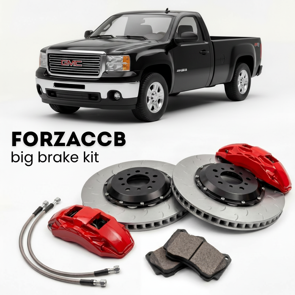 Black GMC Sierra 3500HD GMT900) Regular Cab Long Box (2007-2010 (III) shown above a ForzaCCB iron rotor big brake kit with 2x red 6-piston front calipers, 2x two-piece floating ventilated brake discs 380 mm, set of brake pads, and brake lines.