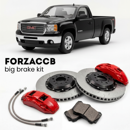 Black GMC Sierra 3500HD GMT900) Regular Cab Long Box (2007-2010 (III) shown above a ForzaCCB iron rotor big brake kit with 2x red 6-piston front calipers, 2x two-piece floating ventilated brake discs 380 mm, set of brake pads, and brake lines.