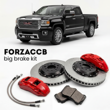Black GMC Sierra 3500HD GMT900, facelift 2011) Extended Cab Long Box (2011-2013 (III) shown above a ForzaCCB iron rotor big brake kit with 2x red 6-piston front calipers, 2x two-piece floating ventilated brake discs 380 mm, set of brake pads, and brake lines.
